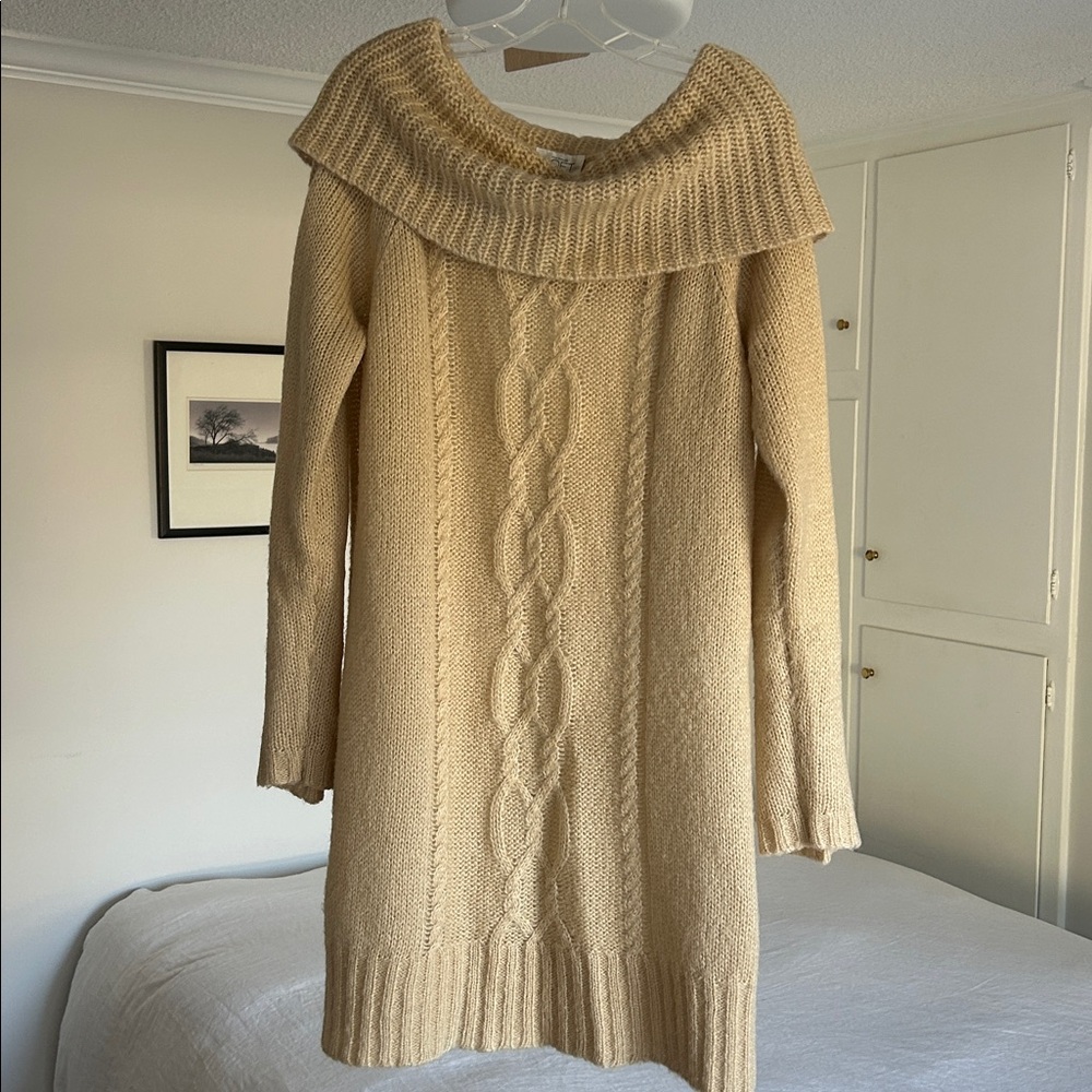 LOFT Cable Knit Turtleneck Sweater Tunic Dress - Cream 38” shoulder to hem.